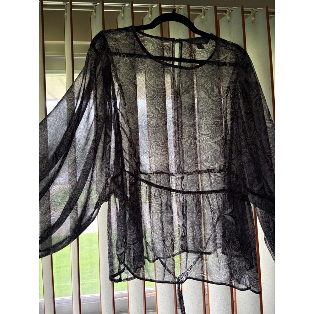 Primark Womens Cropped‎ Sheer Paisley Blouse 14 Cinched Waist Boho Festival Chic - Picture 3 of 9